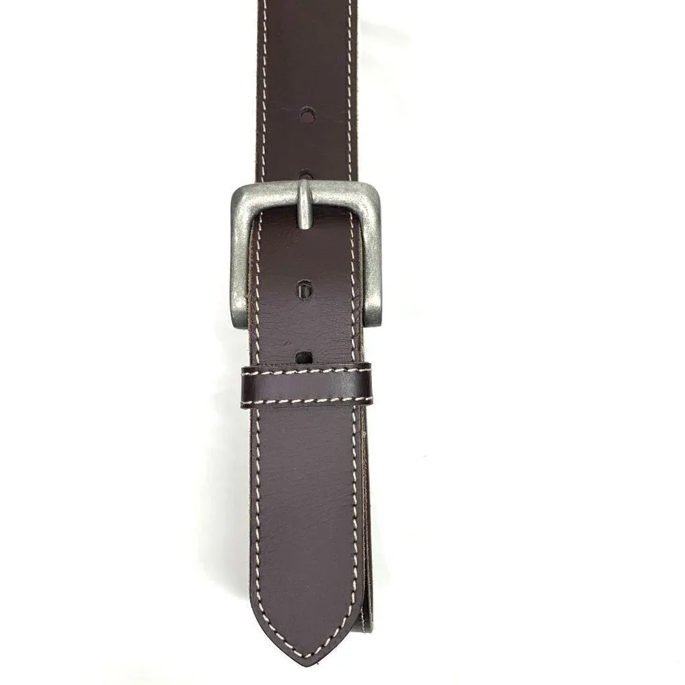 Timberland Men's Leather Belt Brown Topstitching Silver Hardware Size 32